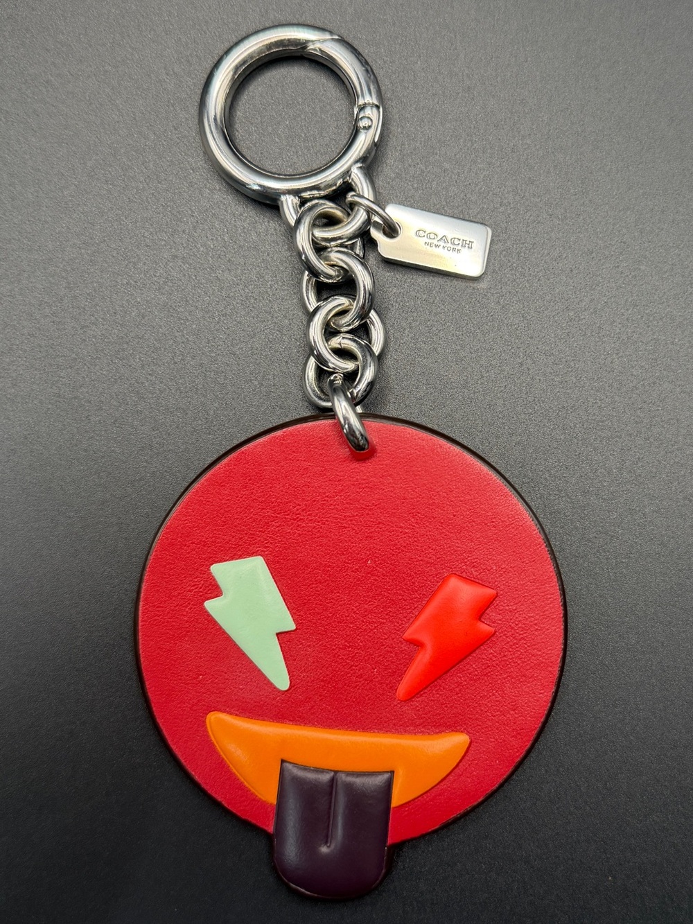 COACH Red Leather Emoji Key Fob with Multicolor Accents